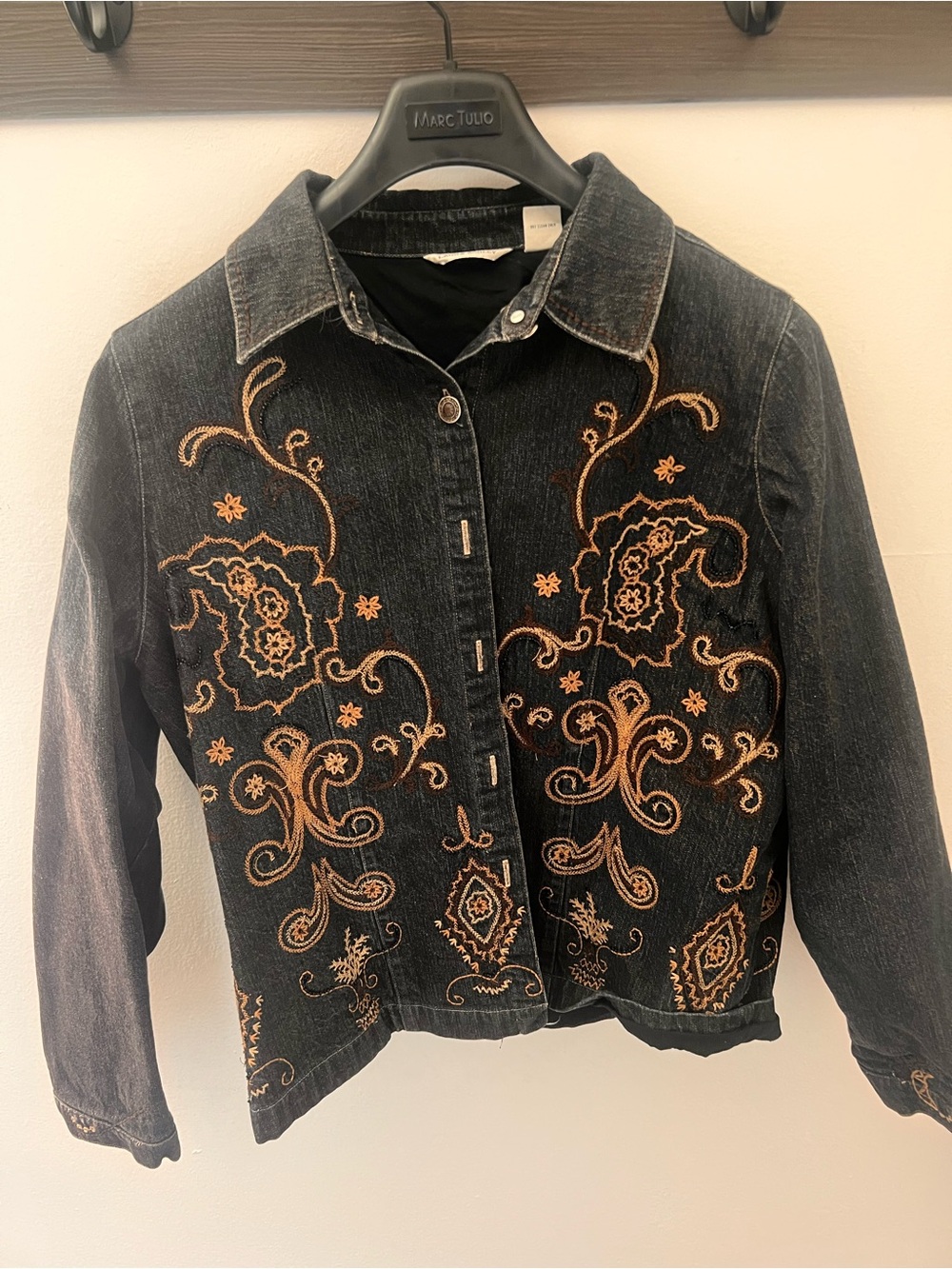 Laura Ashley Black Denim Jacket with Tan Embroidery